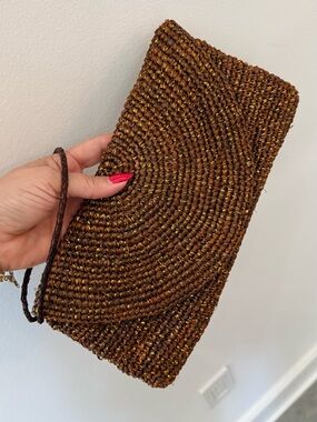 Mar Y Sol Woven Brown Straw Clutch with Metallic Accent - Women's Bag